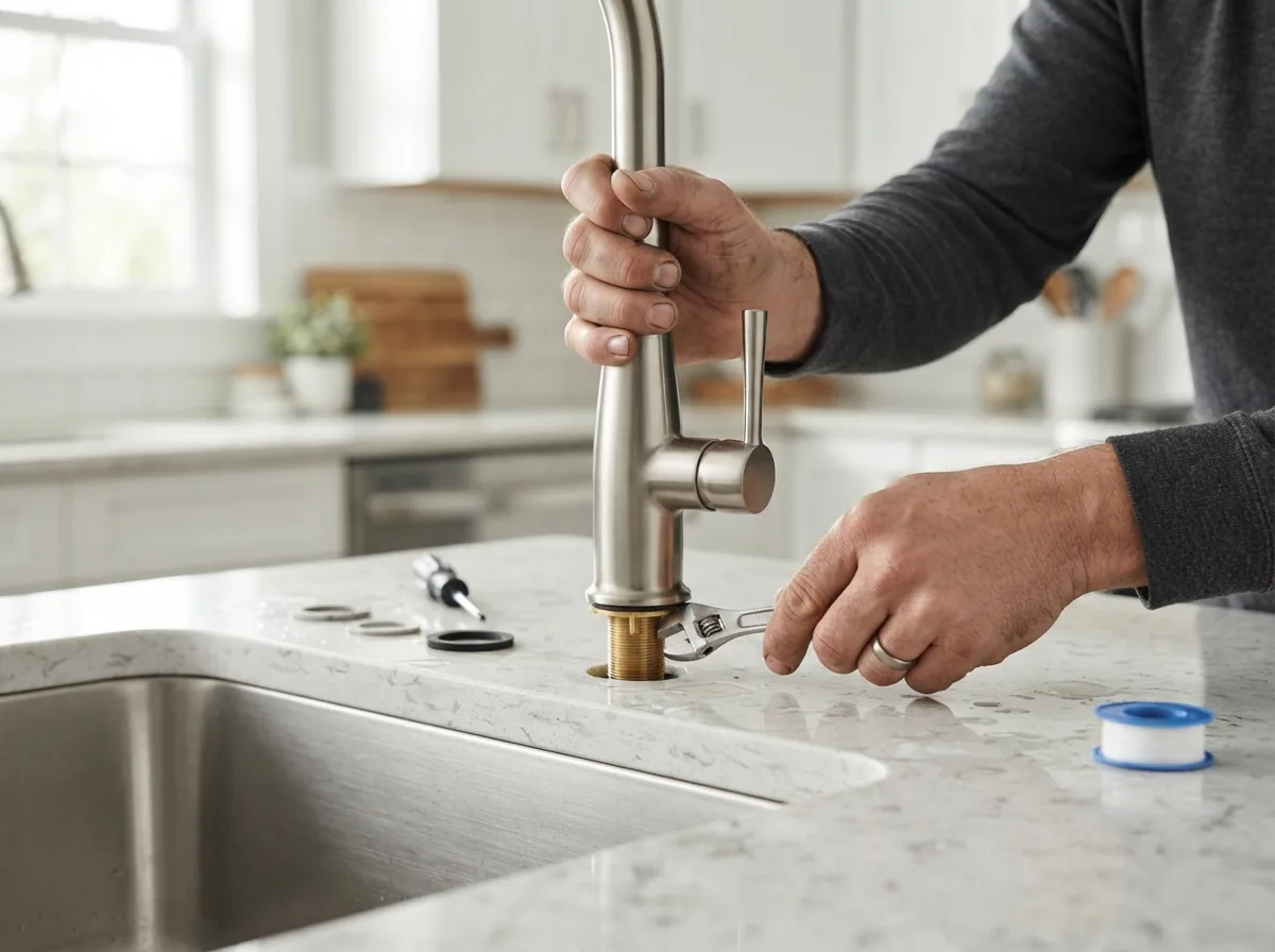 Plumber installing a bathroom fixture