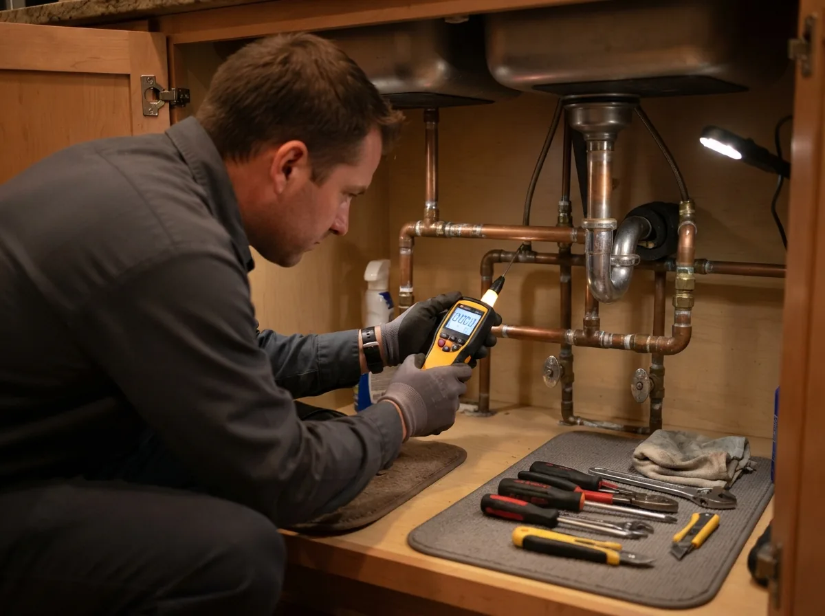 Plumber using leak detection equipment