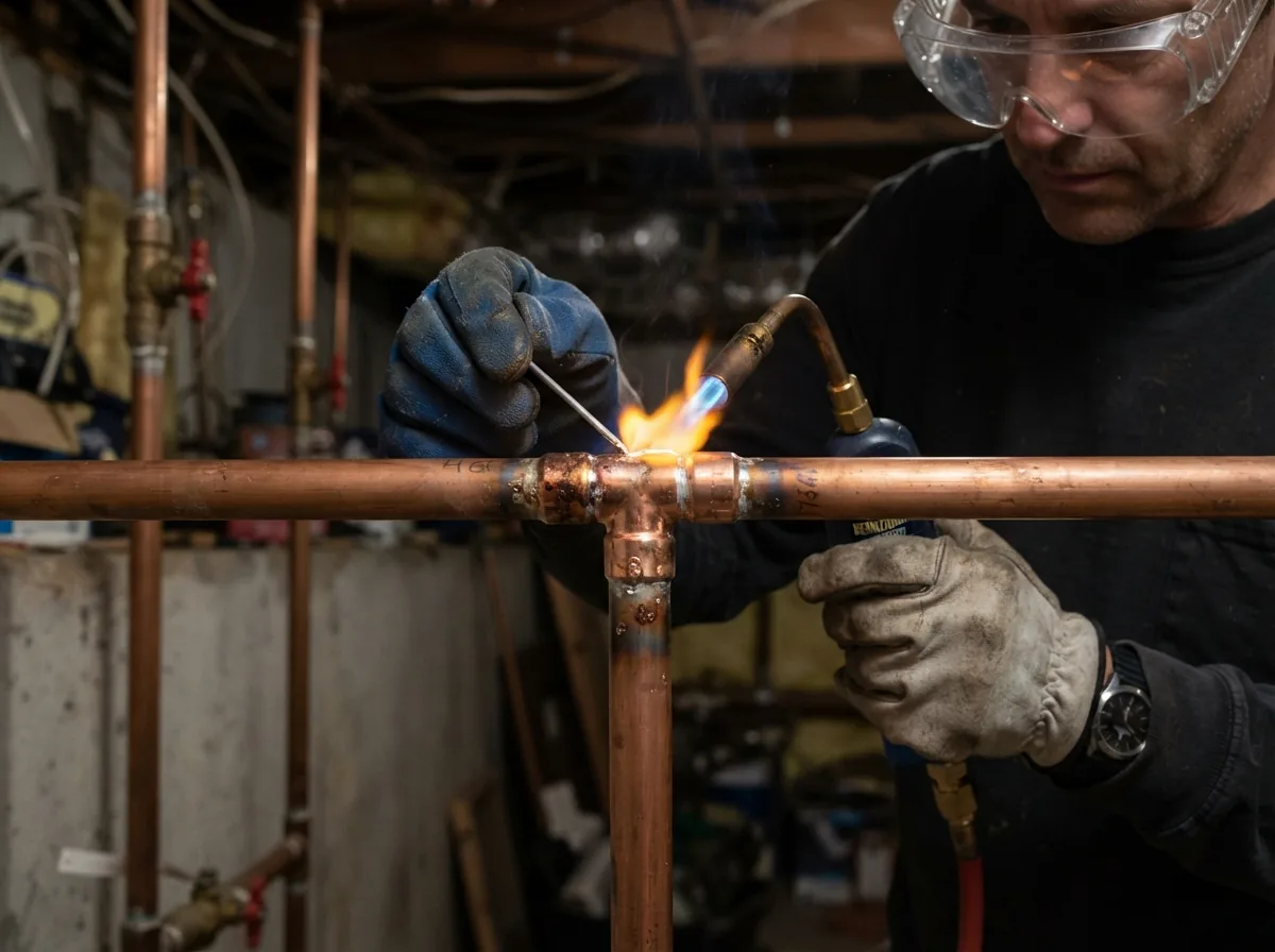 Plumber repairing a section of copper pipe
