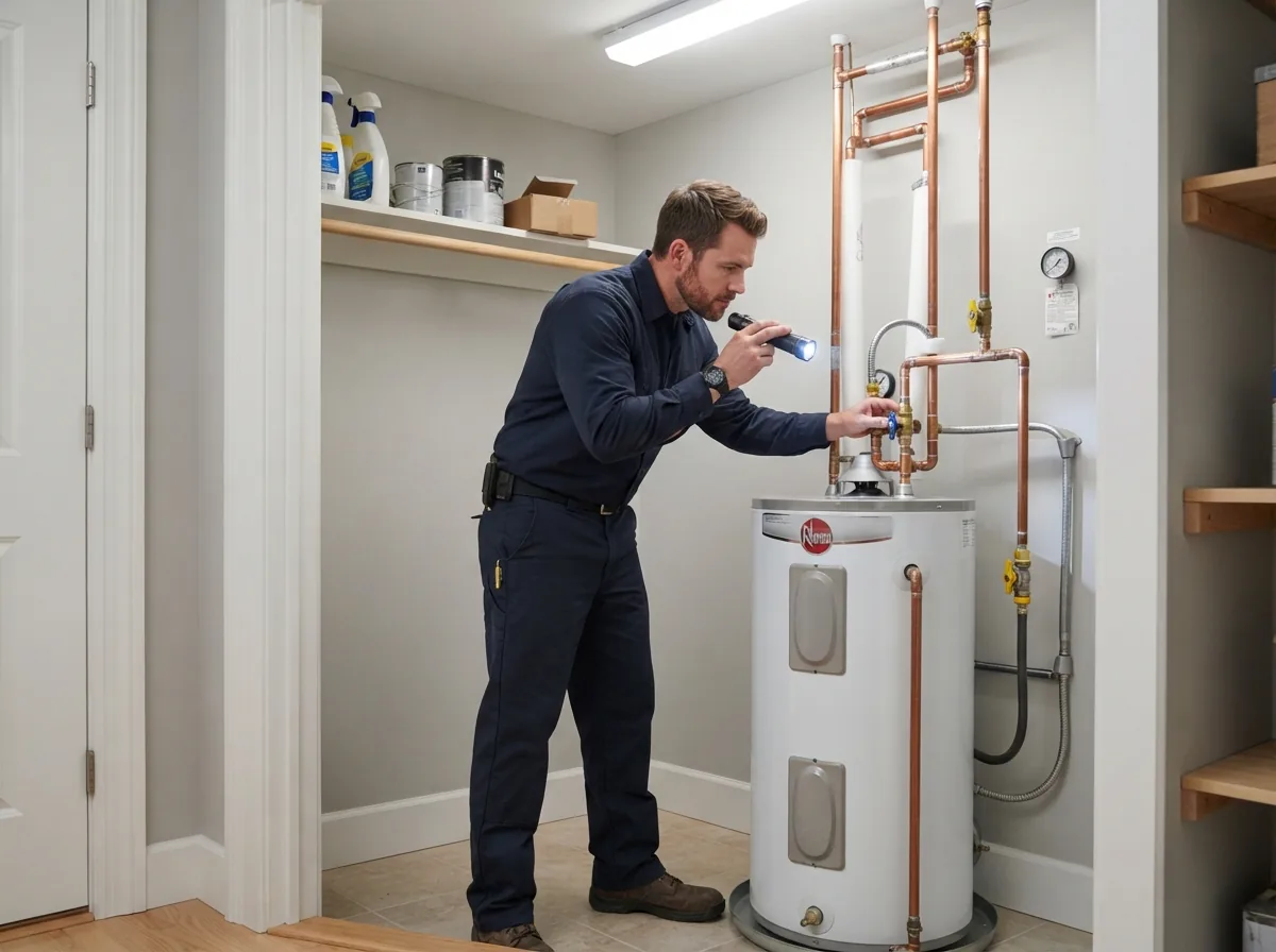 Plumber servicing a residential water heater